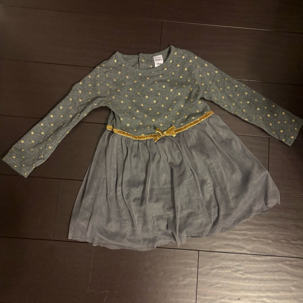 Carter’s Gray & gold dot long sleeved tulle dress with gold bow size 24M EUC